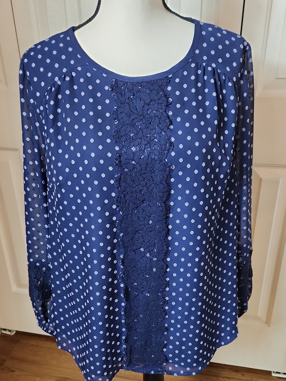 Polka Dot Lace-Trim Blouse in Navy